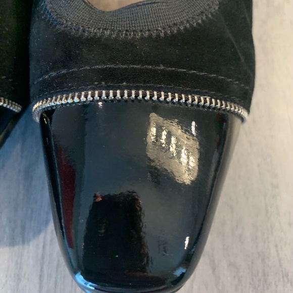 Walking Cradles black suede/patent leather heels with silver zipper detail. - Picture 7 of 14